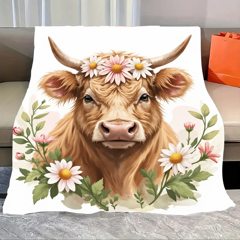 

1pc Flannel Blanket Charming Cow with Daisy Crown Soft Blanket for Cozy Home Decor