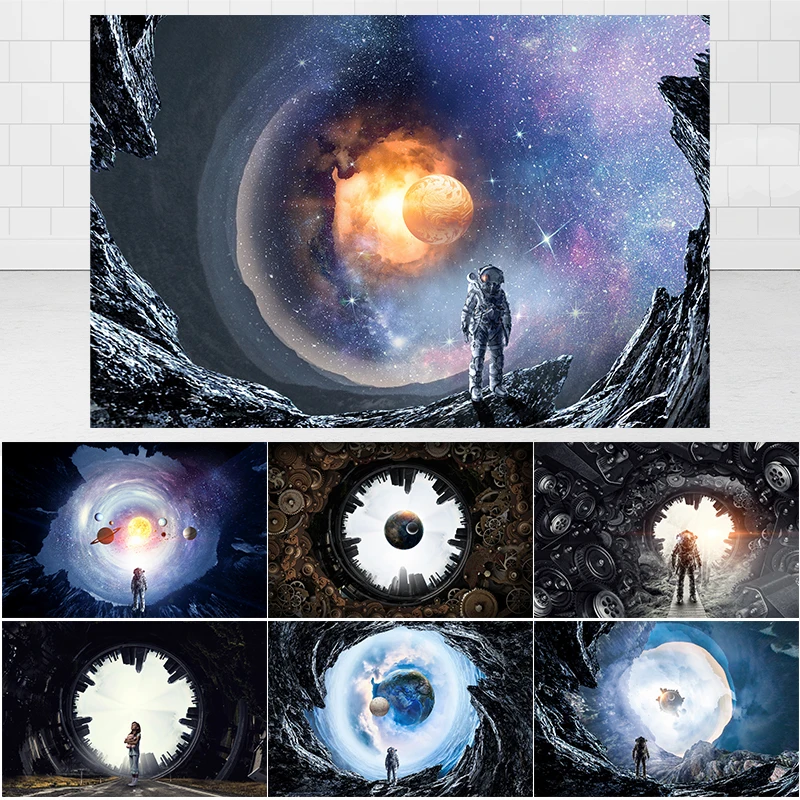 

SeekPro Astronaut Broken Starry Sky Theme Photography Activity Decoration Circular Mountain City Customized Background Cloth