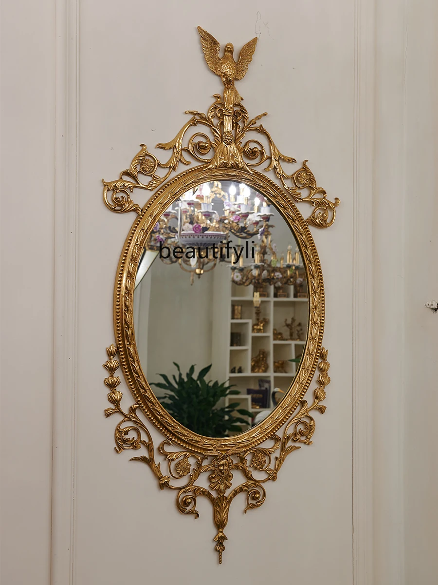 French Retro All Copper Mirror Oval European Style Hollow Luxury Dining Edge Decorative Mirror