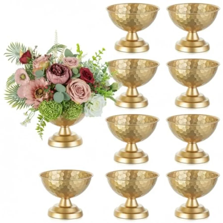 Wedding table decor: gold metal urn vases 5.5in vintage honeycomb design set of 10 small flower arrangement pots for party rece