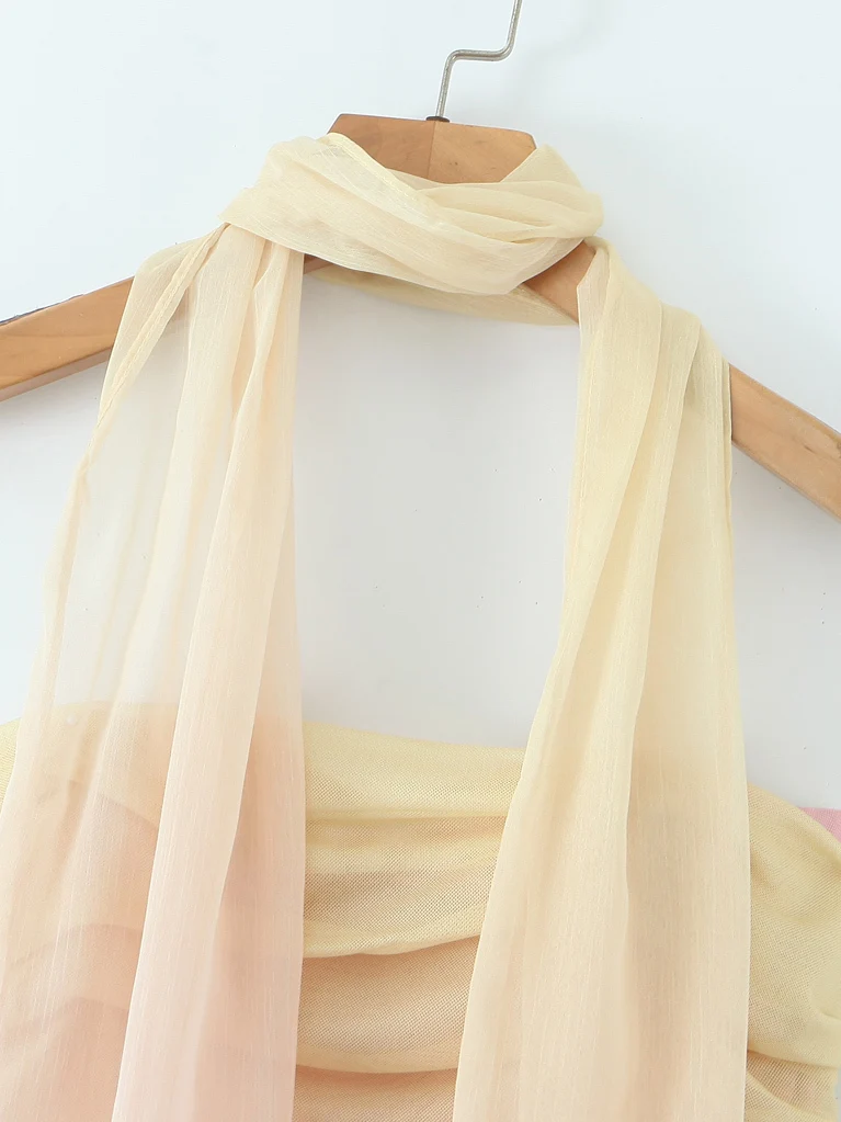 Vestido Curto Estilo Americano com Cores em adiente, Cintura Modeladora, Saia Sexy com Lenço, Vestido de Verão Sem Mangas d...