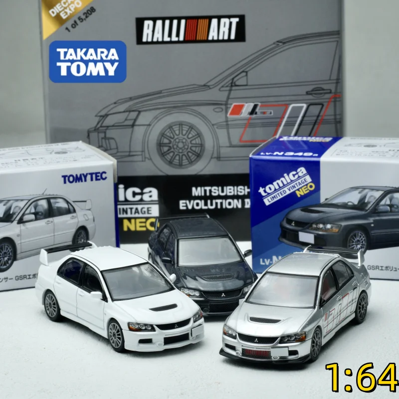 En stock: TAKARA TOMY TOMYTEC TLV 1:64 evo9 volution ra N349b N349a RA Edición limitada de exhibición, modelo de coche de aleación fundida a presión