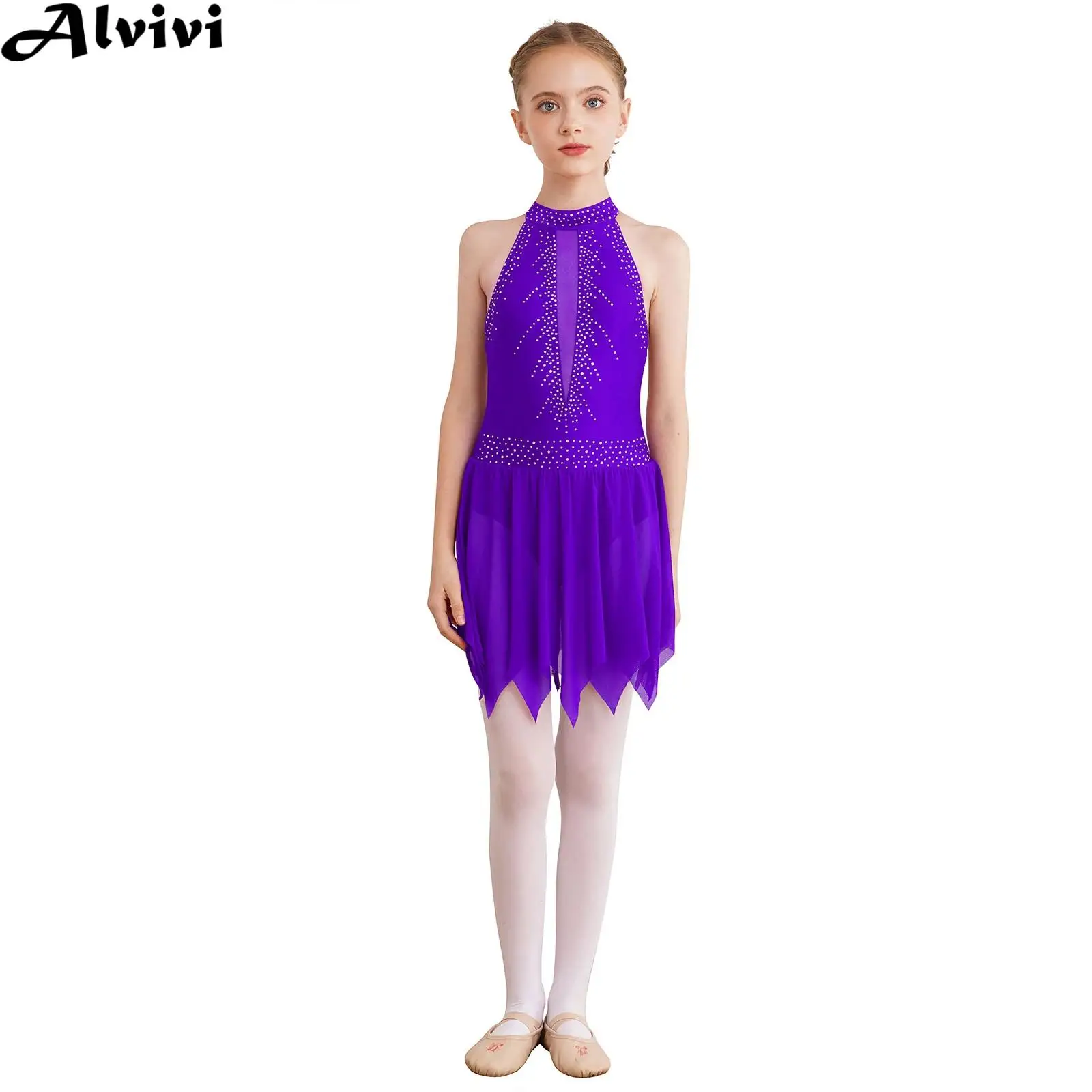 

Kids Girls Sleeveless Rhinestone Figure Skating Dress Ballet Gymnastics Lyrical Dance Leotard Dancewear for Stage Performance