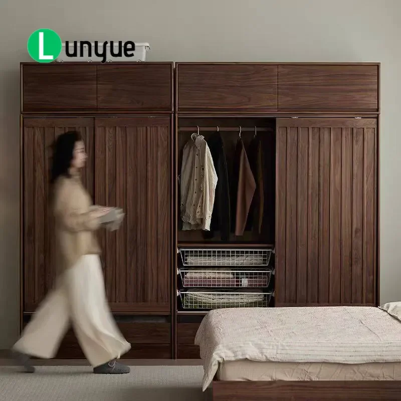 North American Black Walnut Solid Wood Wardrobe Modern Simple Sliding Door Cabinet Versatile Bedroom Log Storage Furniture