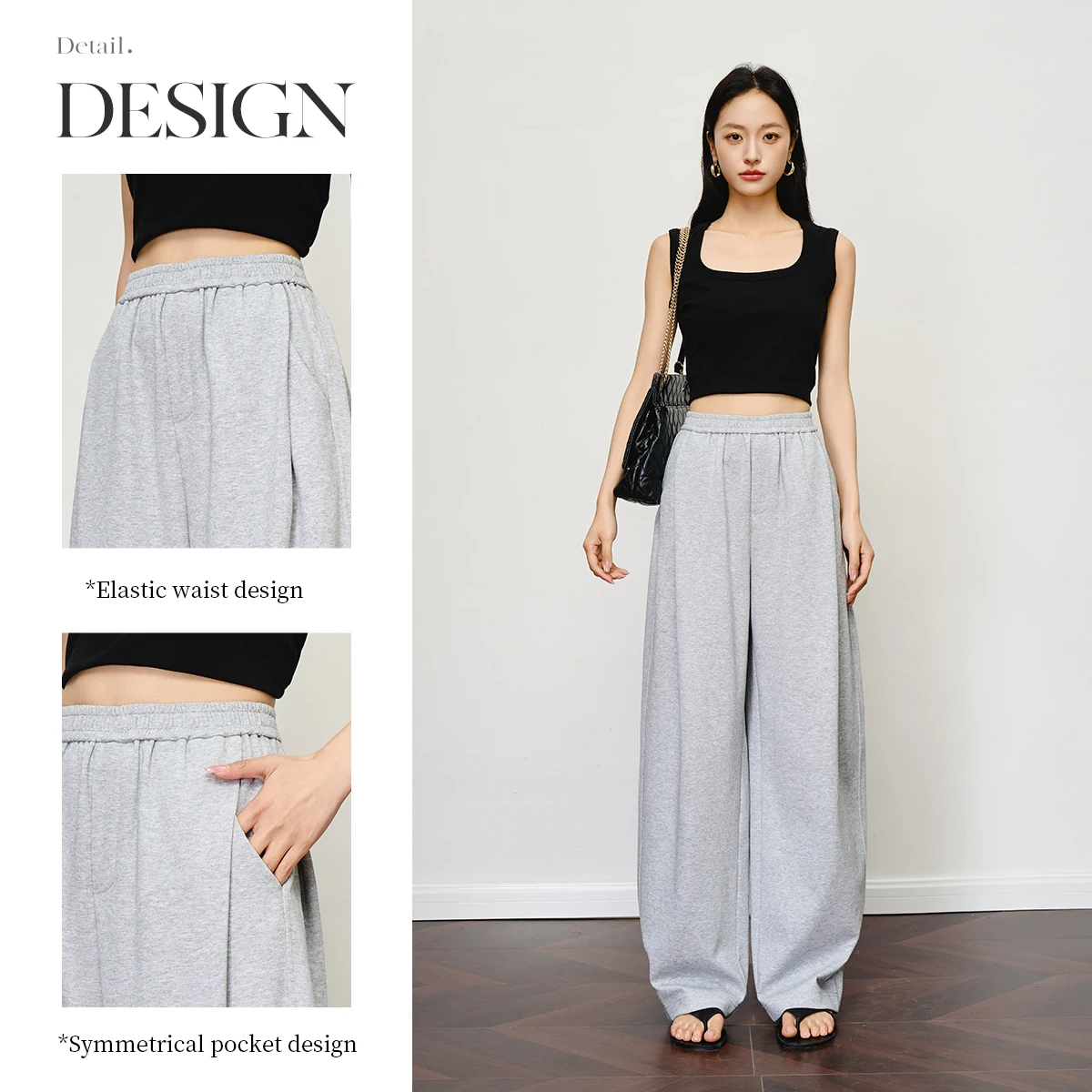 OLrain Women's Casual Knitted Baggy Pants Summer Long Trouser 2025 Female Grey Loose Wide Leg Pants Woman Clothing O57XK99030