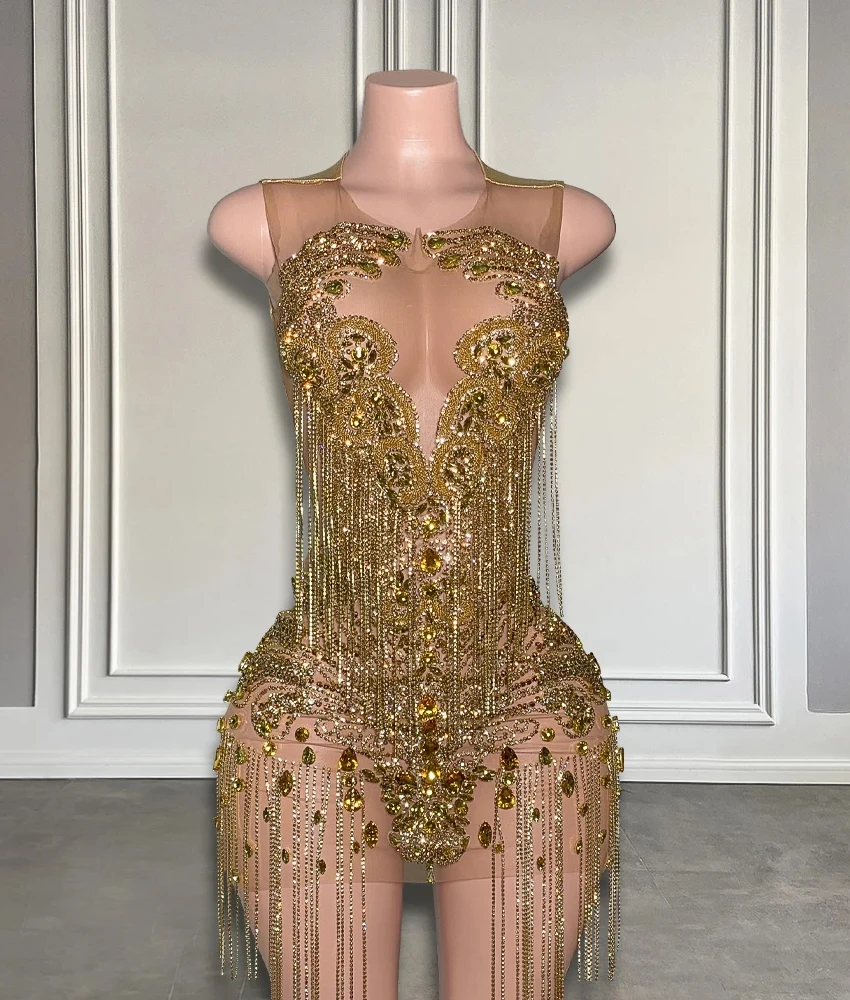 Abito da sera personalizzato con paillettes dritte di alta qualità con perline di cristallo e nappe Abiti di lusso senza maniche con scollo a O per occasioni speciali