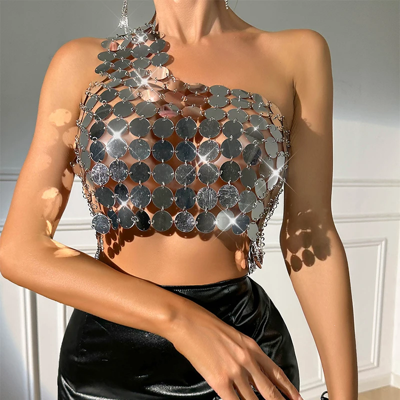 Ladies Silver Coin Top Women One Shoulder Sequin Disc Chainmail Crop Top