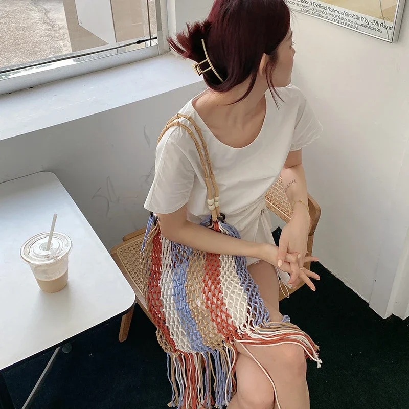 Bohemian Tassel Fishnet Women Shoulder Bags Colorful Rope Woven Lady Handbags Handmade Hollow Summer Beach Bag Large Tote Purses