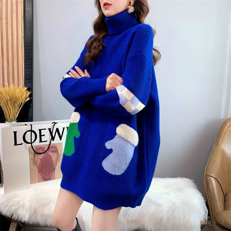 Autumn Winter Casual Korean Turtleneck Long Sleeve Pullovers Women Clothes All-match Christmas Knitting Mid Length Top Women\'s