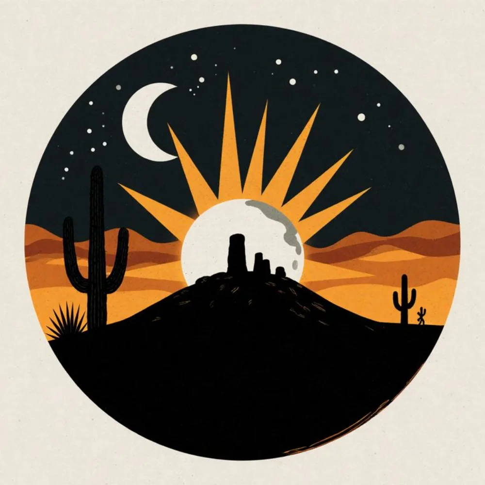 

Car Vinyl Decal Stylized Desert Sunset at Dusk with Saguaro Cacti Sun Rays Crescent Moon & Stars Waterproof Durable Sticker