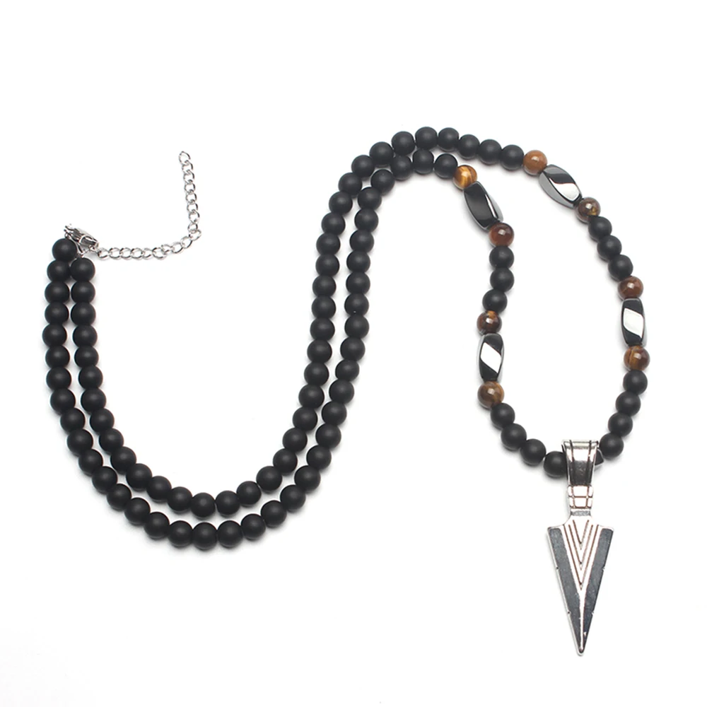 Cool 6mm Matte Black Round Beads Slivery Golden Color Arrow Pendant Necklace for Men Handmade Jewelry Gift