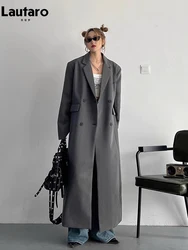 Lautaro-gabardina larga de color gris y negro para mujer, chaqueta holgada informal con doble botonadura, moda coreana, primavera y otoño, 2023