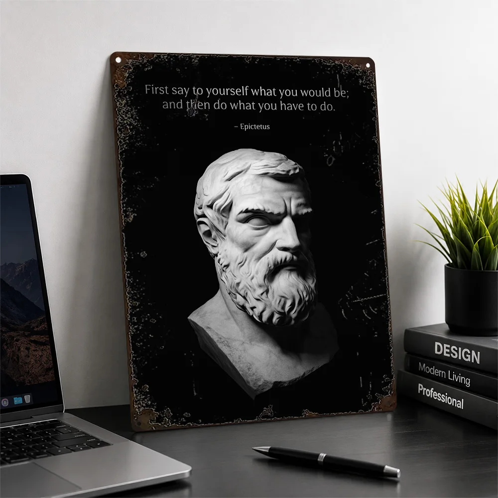 Epictetus Quote With Bust Printed Poster Monochrome Wall Art For Reading Room Customized Aluminum Metal Sign Book Lover Gift