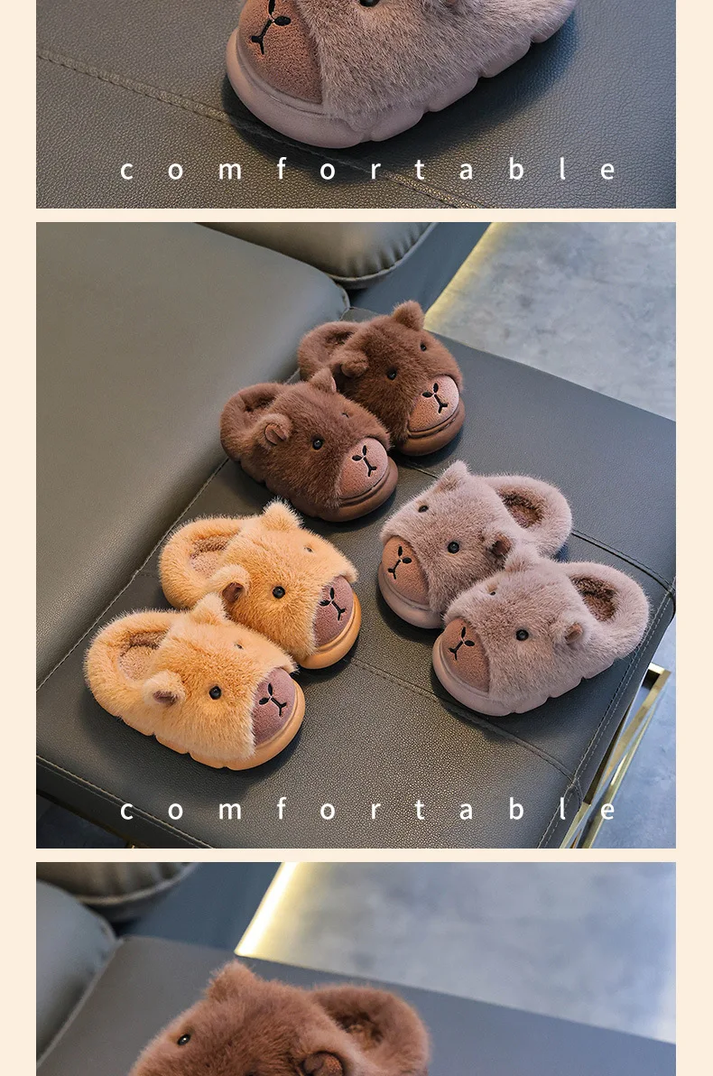 Capybara Kinder Hausschuhe Niedliche Flauschige Winter 2025, Indoor Hause Baumwolle Schuhe Frau Warme Bequeme Cartoon Plüsch Boden Schuhe – Detail 9