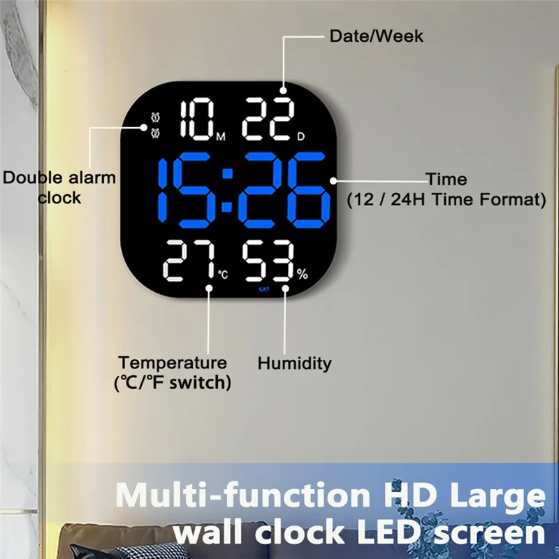 High Quality-13Inch Wall Clock Brightness Adjustable Remote Control LED Digital Clock Electronic Dual Alarm Clock Living Room De