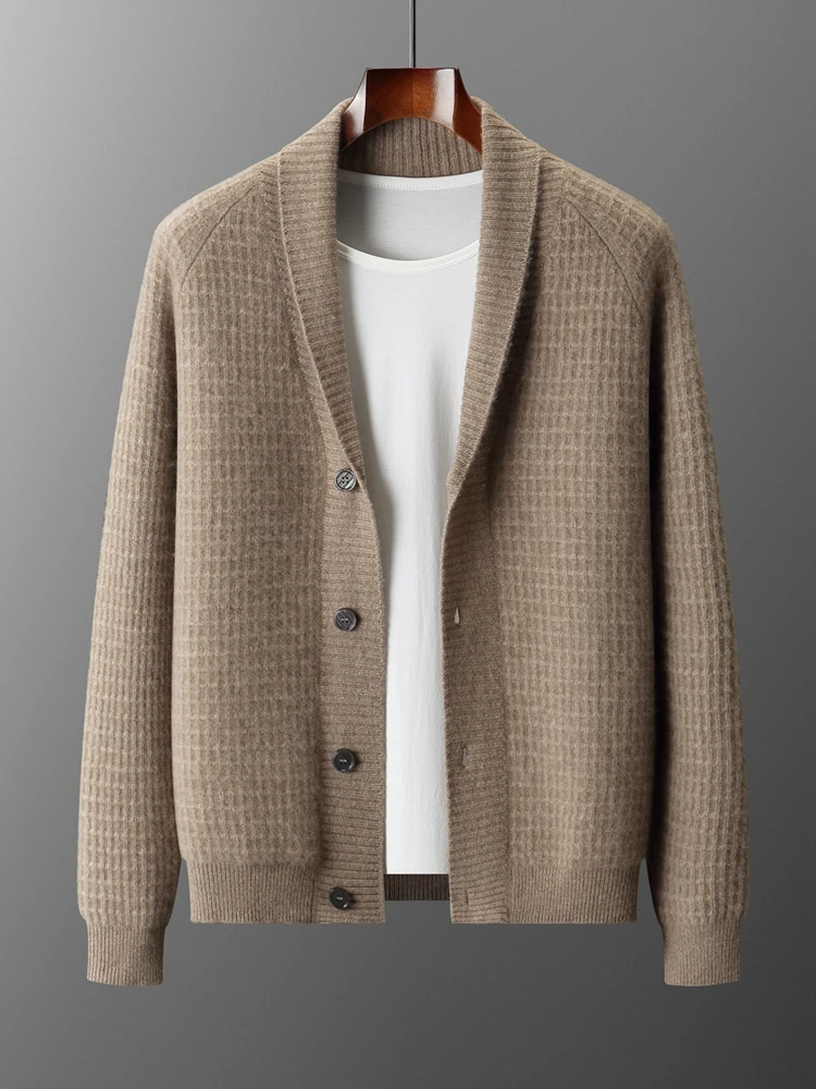 

Chic Luxury Shawl Collar Cardigan Men's 100% Cashmere Knitted Sweater Autumn Winter Thick Smart Casual Elegant Coat New Tops