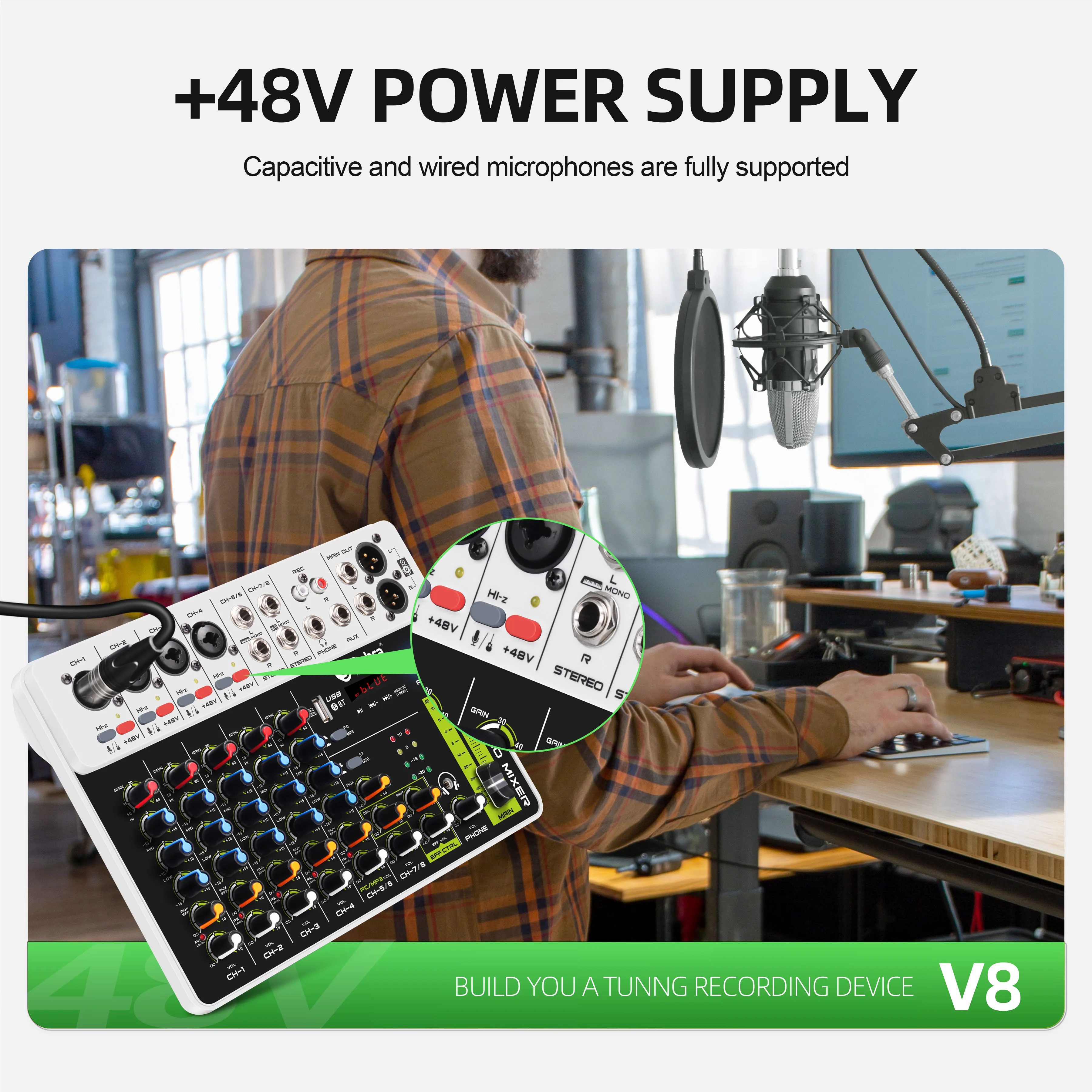 V8 Mini 8-Kanal USB Audio Mixer Konsole mit Blue Tooth Connect Audio Sound Mischpult DJ Mixer Controller