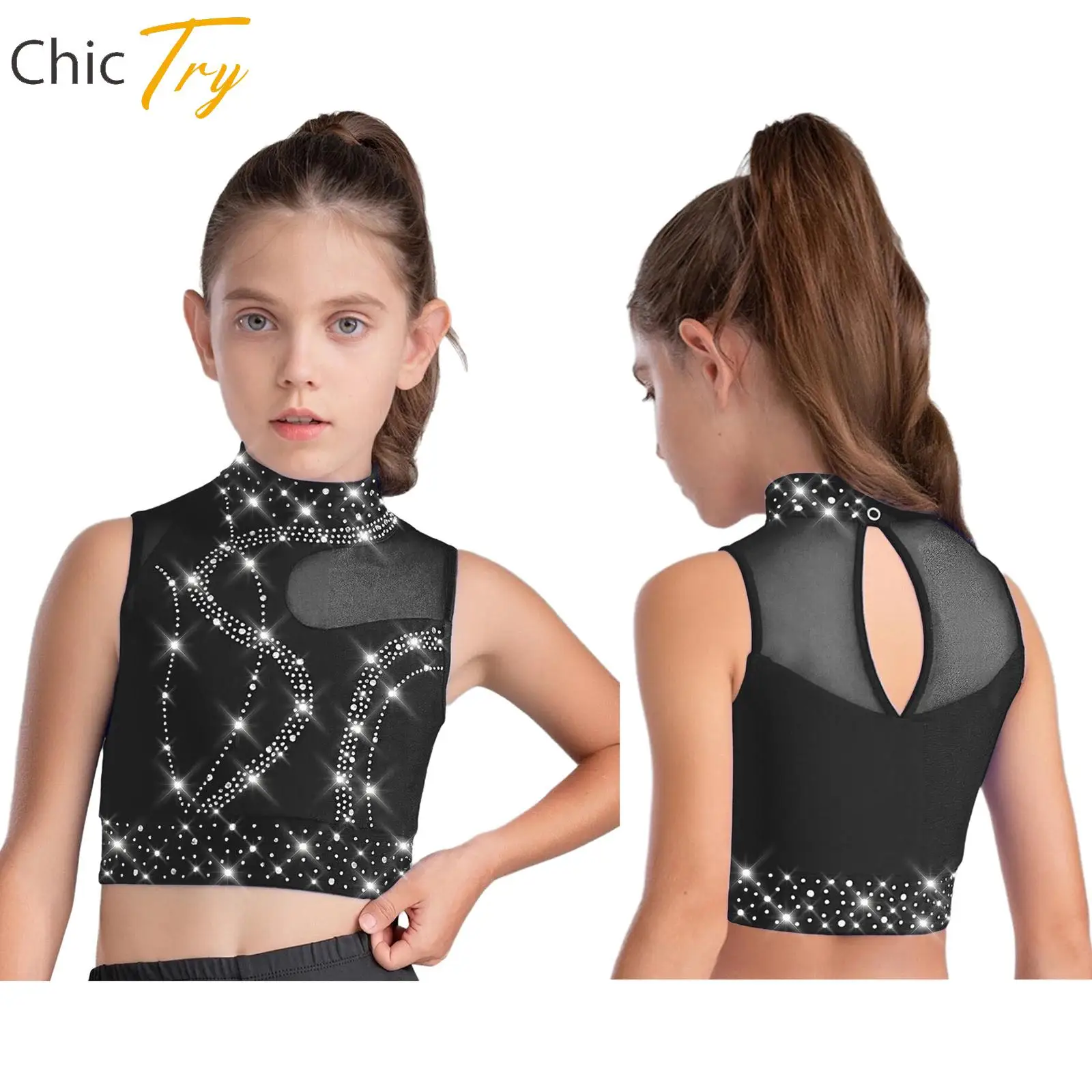 

Girls Sparkling Rhinestones Gymnastics Dance Tops Ballet Dance Figure Skating Performance Costume Sleeveless Sheer Mesh Crop Top