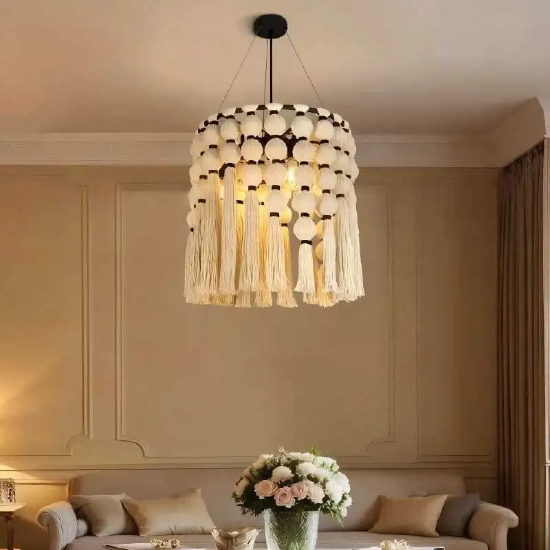 American Wabi Sabi Cotton Thread Fabric Pendant Light Hanging Deco Home Design Lamp Dining Room Droplight White Cloth Chandelier