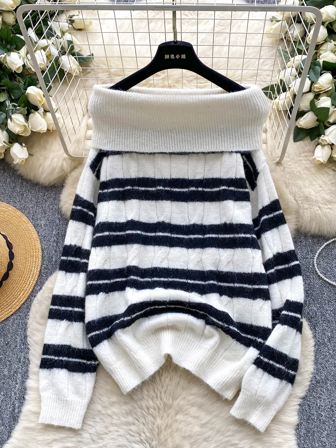 

2026 New Autumn Winter Women Slash Neck Long Sleeve Knitted Sweater Loose Casual Hit Color Striped Long Pullover Tops