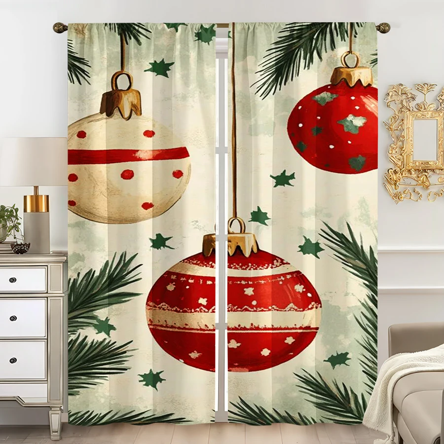 2PCS Digital Print Curtain, Vintage Christmas Ornament Balls with Pine Branches on Aged Cream, Retro, for Home Window Decoration