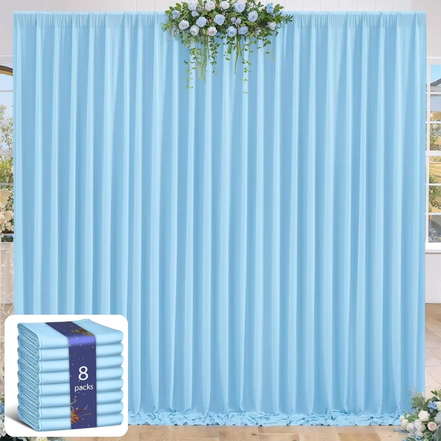 

Baby Blue Wrinkle-Free Backdrop 8 Panels-5ft x 10ft Polyester Backdrop Curtains for Wedding,Birthday, Stage, Photograph Backdgro