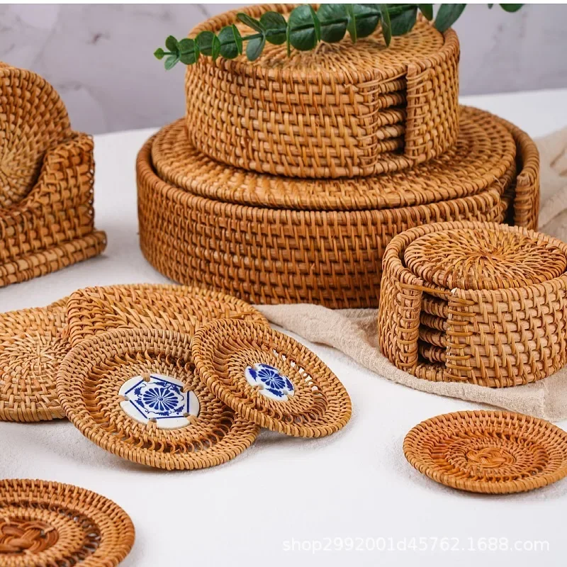 Rattan Weaving Dining Table Anti Scald Pad Set Hand Woven Storage Basket Creative Coaster Insulation Bowl Mat Tea Set Accessory