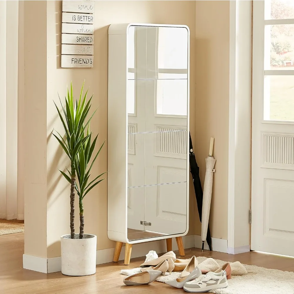

Mirror Shoe Cabinet with 4 Flip Drawers, Wooden Shoe Organizer with Solid Wood Legs, Full Length Mirror Shoe Rack, Narrow Shoe S