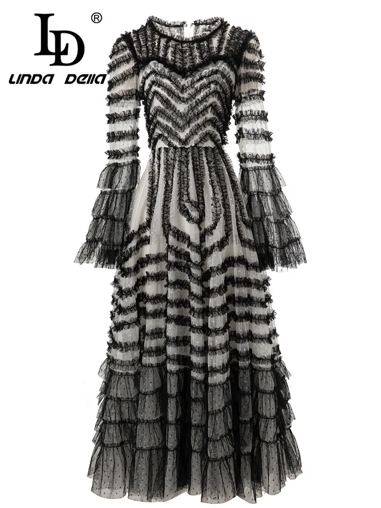 LD LINDA DELLA Elegant and Pretty Vintage Dress Women's Black Lace Flare Sleeve Dot Splice Cascading Ruffle Striped  Long Dress