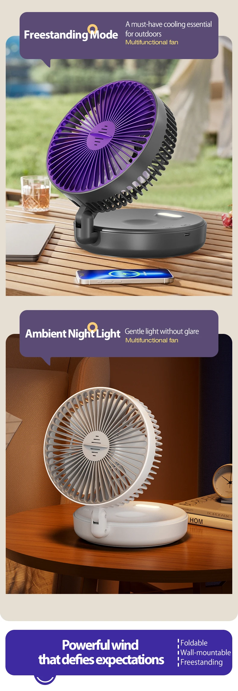 1 x wiederaufladbarer 3-in-1-Multifunktions-Desktop-Lüfter, 90 ° Faltbarer, wandmontierter Ventilator, 4-stufige Geschwindigkeiten, mit warmem Nachtlicht – Detail 4