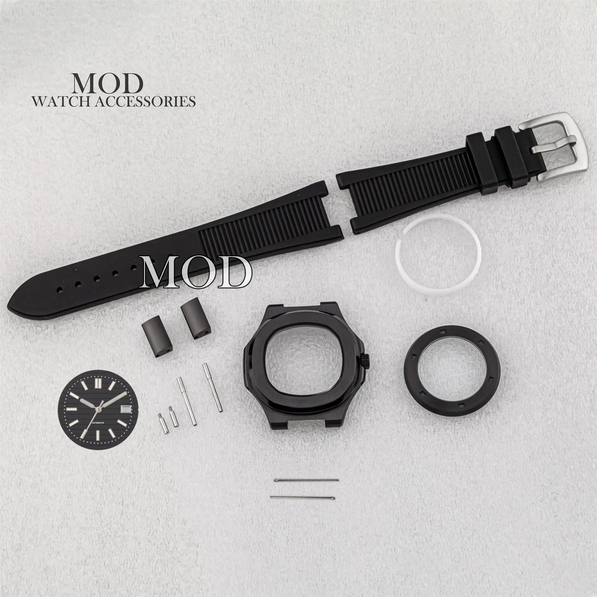 

41mm NH35 Case Rubber Bracelet PVD Black Stainless Steel Watch Case Green Luminous Dial Hands Fit Nautilus NH35 Movement Parts