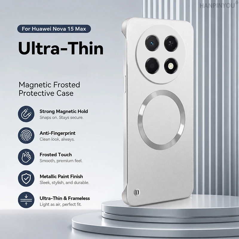 Coque ultra-fine sans cadre en peinture métallique pour Huawei Nova 15 Max Pro, avec chargement magnétique sans fil, anti-traces de doigts, finition mate