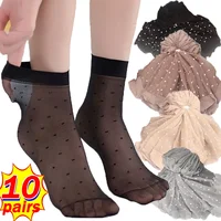 5-10 pares de calcetines de seda de puntos elásticos ultrafinos para mujer, medias transparentes negras de verano, calcetín corto de barco de encaje antideslizante Sexy