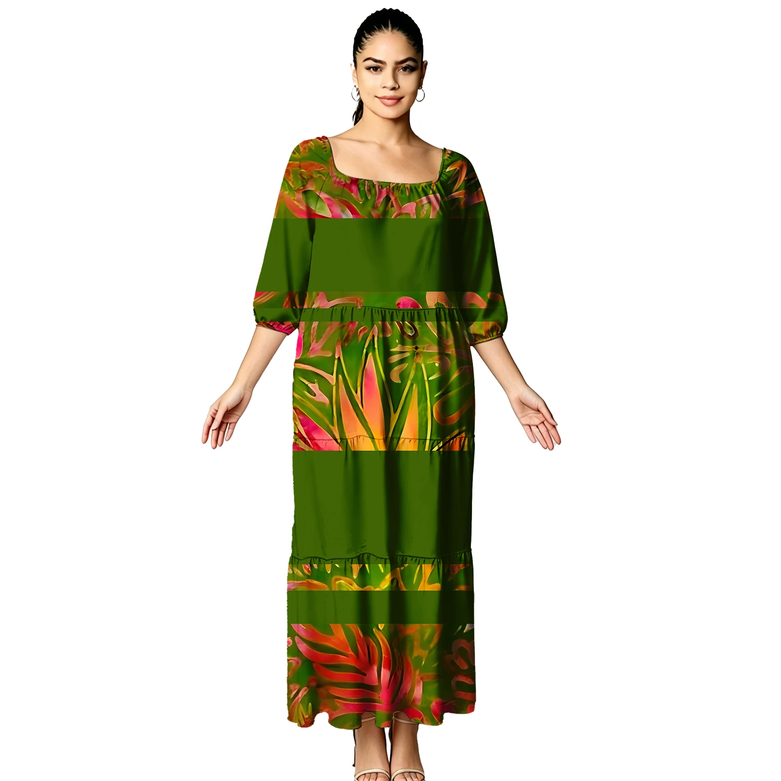 

Party Prom Design Casual Dress Samoan Polynesian Tribal U-Neck Ladies Clothes Hawaiian Beach Style Tiered Cake Dresses for Women