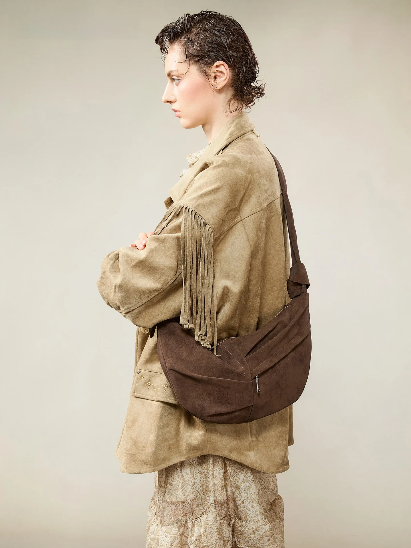 

JACD Brown Loose Tote Bag Women Large Capacity Summer Bag Single Shoulder Slant Cross Bag Horn Bag American Retro Style
