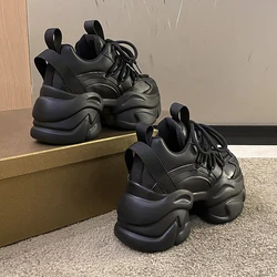 Black Women Chunky Leather Sneakers High Platform Ulzzang Sports Shoes New 2022 Autumn Thick Bottom Women's Wedge Casual Shoes