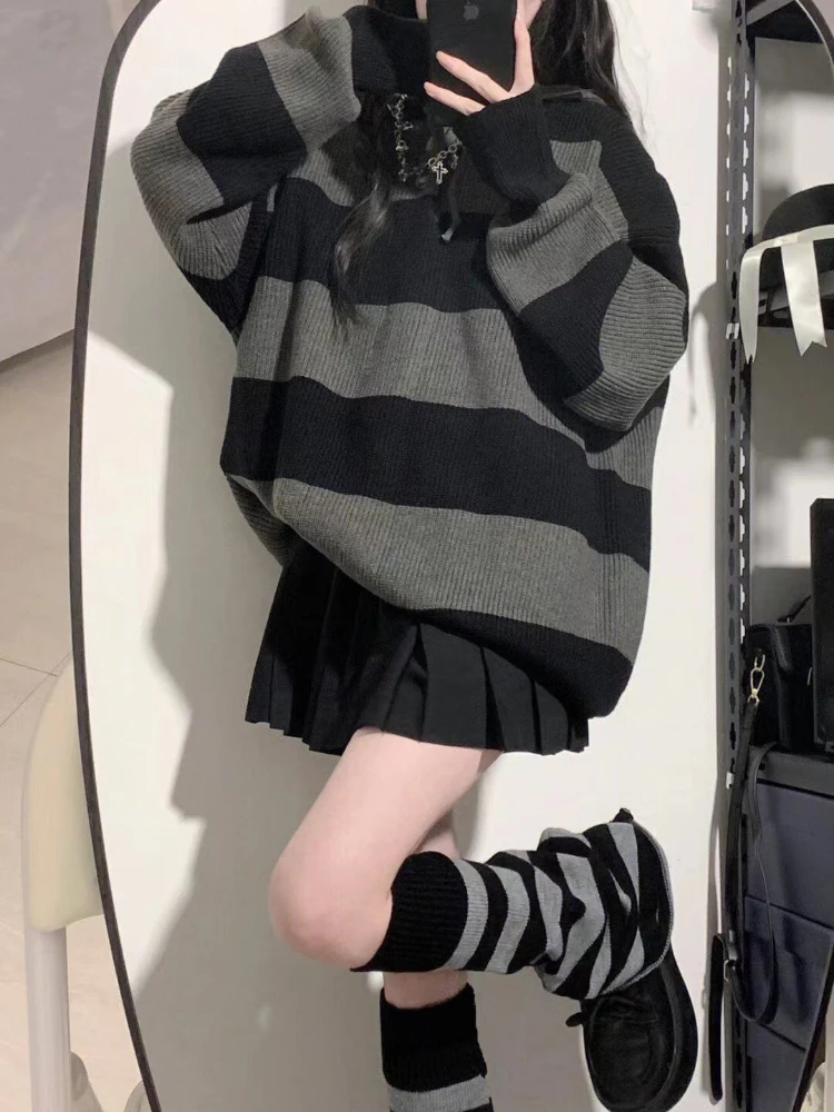 Deeptown Vintage Striped Hooded Sweaters Women Harajuku Gothic Knitted Jumper Retro Loose Casual Oversized Pullover Tops Grunge