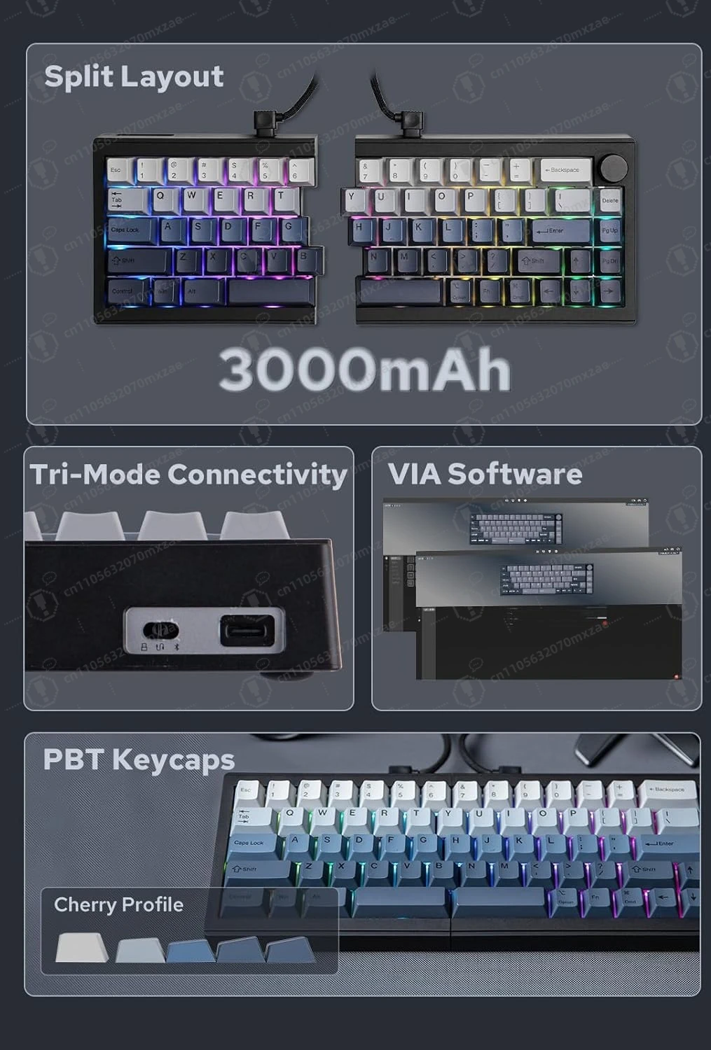 Split65 Wireless Mechanical Keyboard 2.4Ghz Bluetooth Type-C Ergonomic Gaming RGB Backlit