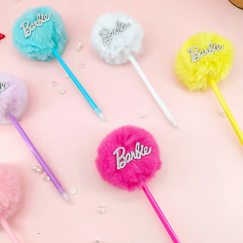 Kawaii Barbie Colorful plush ball Gel Pen Cartoon Neutral Pencil Hairball Signature Pen Girl Student Stationery Christmas gift