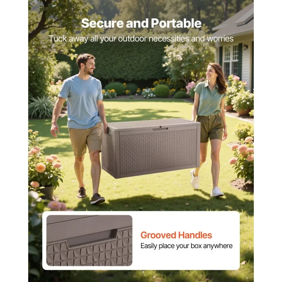 صندوق تخزين خارجي 100 جالون صندوق سطح من الراتنج الفناء الخلفي لعبة خارجية وخزانة تخزين المناشف مقاومة للماء لأثاث الفناء Cus