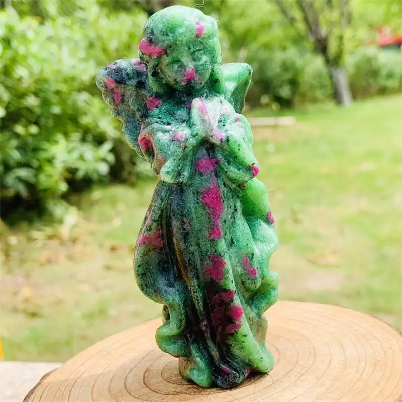 10CM Natural Ruby In Zoisite Angel Carving Craft Gift Feng Shui For Home Decoration Stone Statues 1pcs