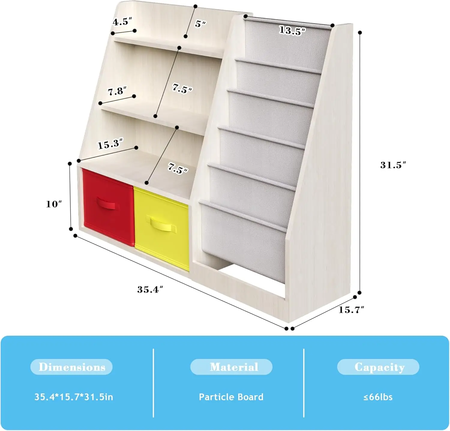 Estantería de madera, estantería para niños con eslinga de 5 capas con 2 cajones, estantería de almacenamiento para libros, gabinete organizador de juguetes para libros, para habitación de niños, Playr