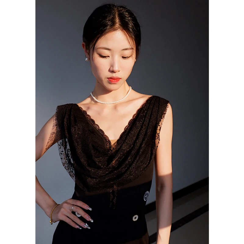 2024 Women Ballroom Dance Clothes WHite Black Lace V Neck Tops Sleeveless Leotards Latin Dance Practice Clothing Summer DNV20761