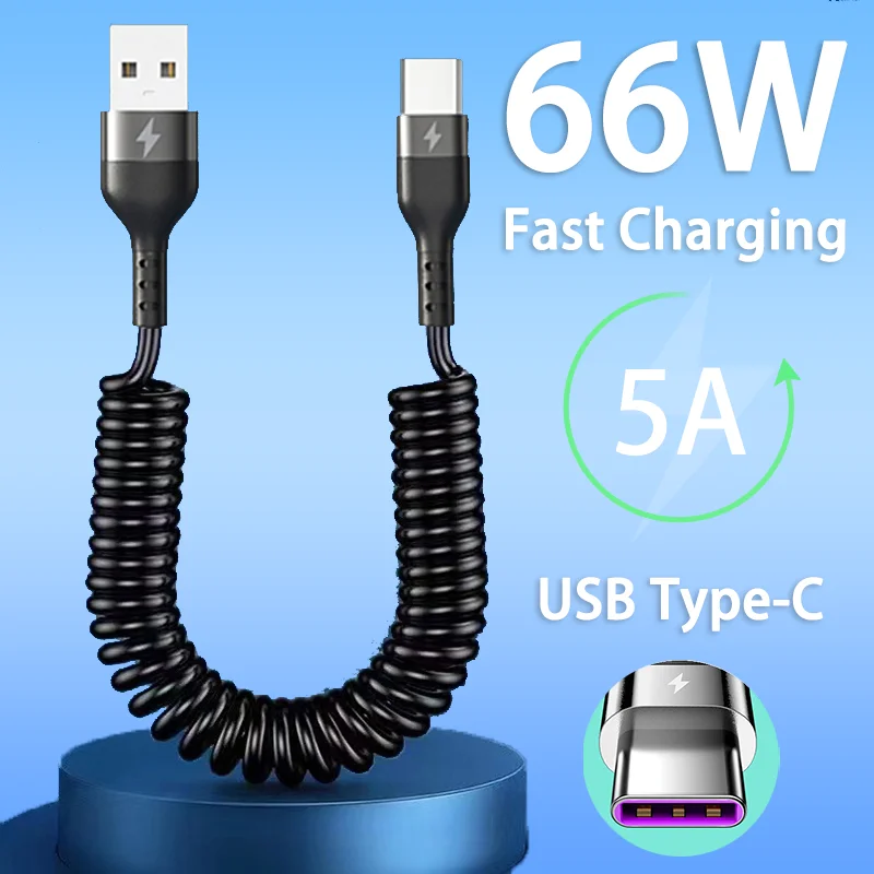 66W 5A Fast Charging USB Type C Cable Micro USB Spring Telescopic Car Cord for Samsung Xiaomi Redmi POCO Phone Charger USB Cable