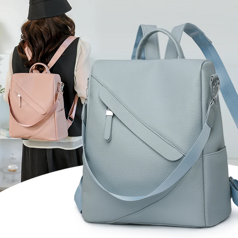

Women Large PU Leather Backpack Anti-Theft Travel Bag Fashion Casual Daypack Waterproof Rucksack Female Shoulder Bag Pure Color
