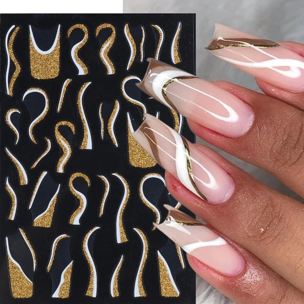 1Pc 10*8cm 5D French Glitter Lines Nails Stickers Gloden Reflective Back Gel Wave Lines Design Nail Decals Sparkly Manicure Tips