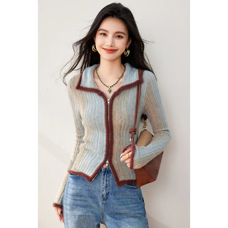 2024 Autumn and Winter New Unique American Retro Spice Girl Gradient Color Lapel Sweater Temperament Knitted Cardigan Woman