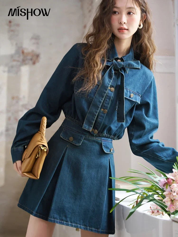 MISHOW French Retro Denim Set Separately Spring Lace-up Bow Short Jacket Bronze Butterfly Buckle High Waist Skirts MXD11C0197