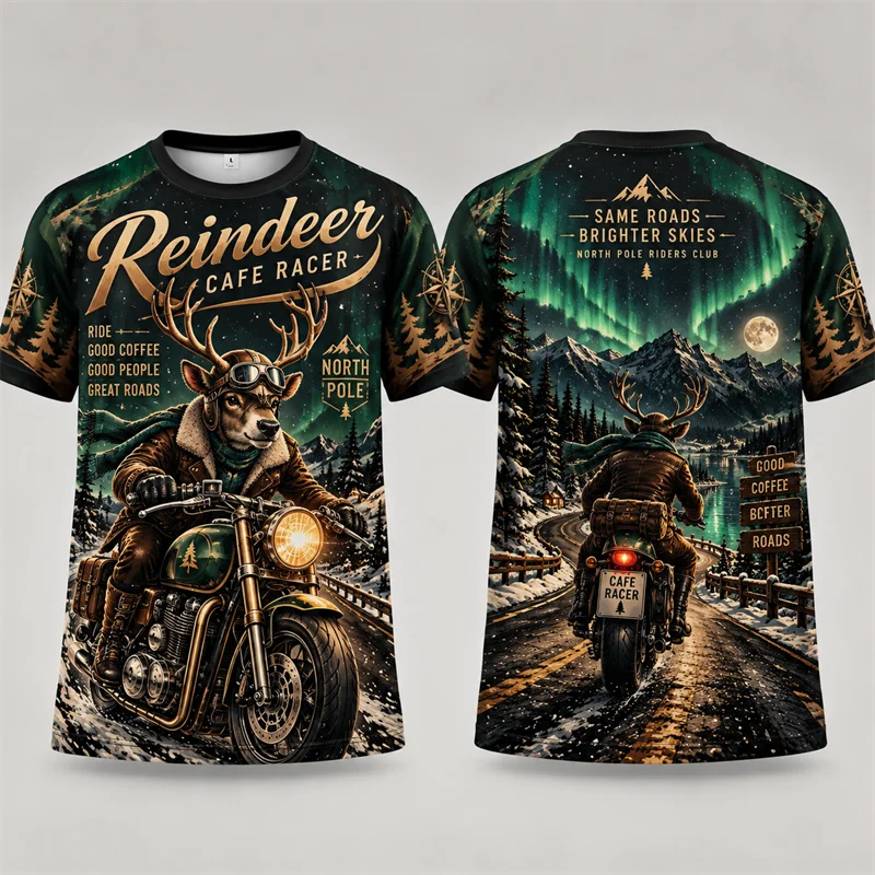 Christmas Reindeer Cafe Racer T Shirt Men Motorcycle Biker Graphic Short Sleeve Xmas Holiday Vintage Streetwear Casual Gift Top