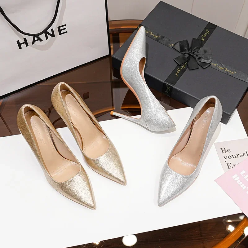 Sharp pointed glitter high heels, pointed pointed shallow mouth high heels, white-collar professional high heels, female